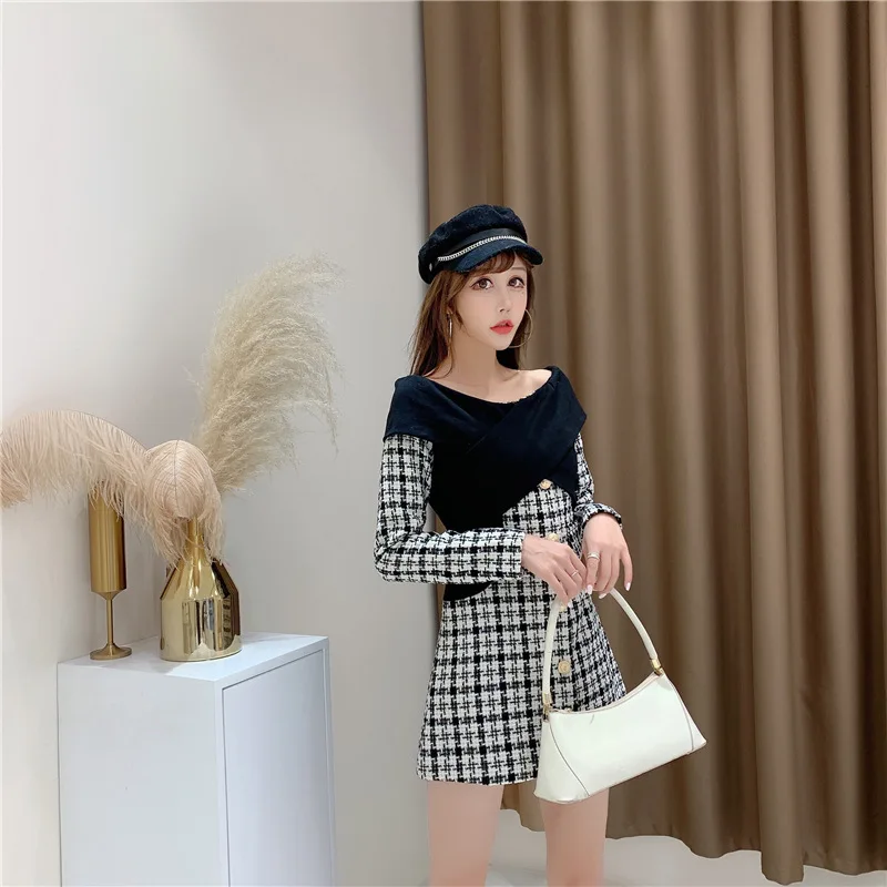 

Photo Shoot 2019 Autumn And Winter Fashion Western Style Woolen Long-sleeved Dress Elegant off-Shoulder Joint Plaid Hepburn Skir