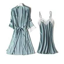Женский комплект из 2 предметов на бретельках, комплект халатов, шелковистая ночная рубашка, домашняя одежда, Сексуальная кружевная Домашняя одежда, пижама, кимоно, Халат