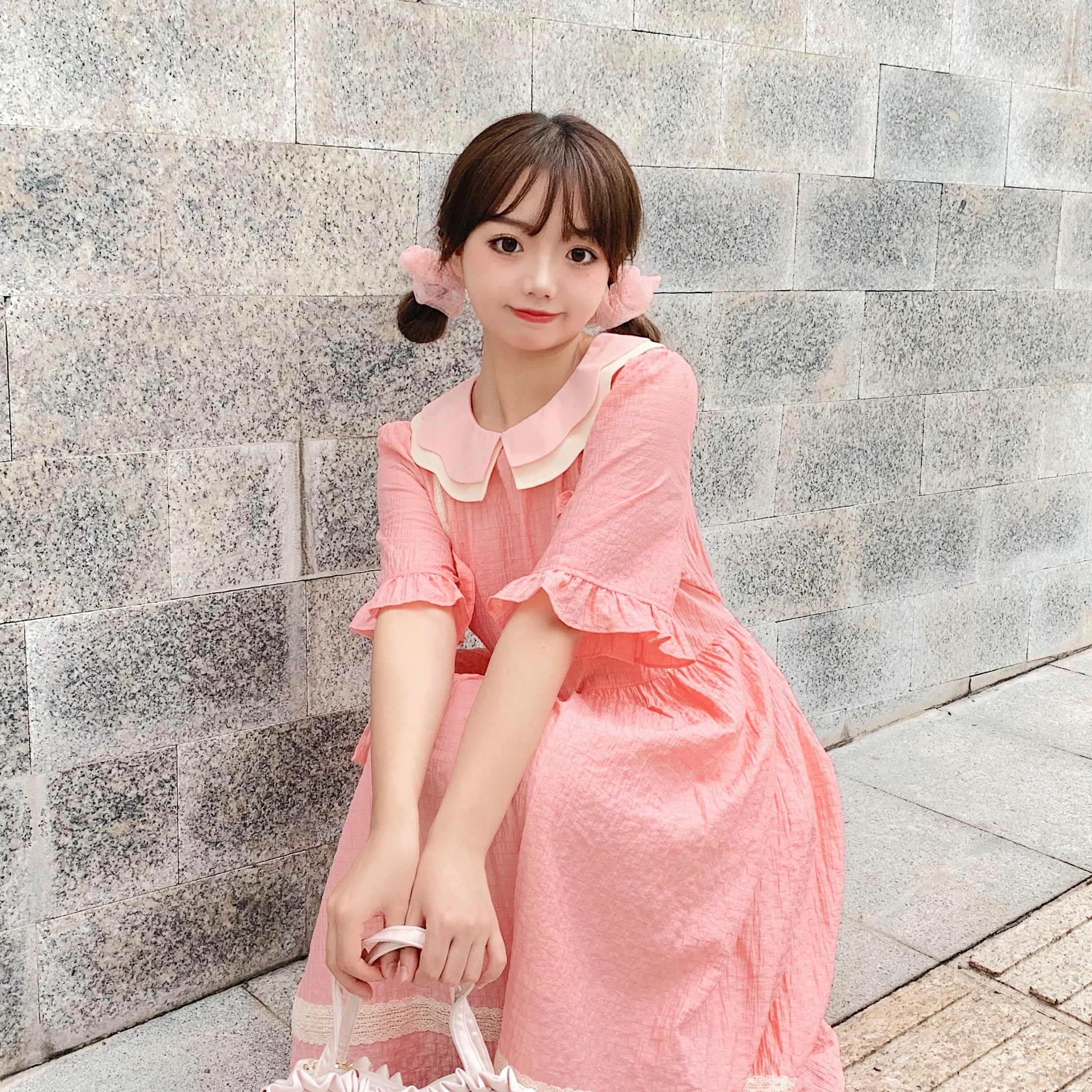 Japanese Summer College Style Soft Girly Dress Sweet Double Layer Peter Pan Collar Bow Cute Puff Sleeve Pink First Love Dresses