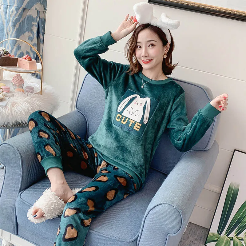 Cute Rabbit Новая зимняя Пижама для женщин, теплая утолщенная Домашняя одежда, женская одежда для сна, Фланелевая пижама с круглым вырезом, комплект из 2 предметов, Пижамный костюм - Цвет: Cute Rabbit