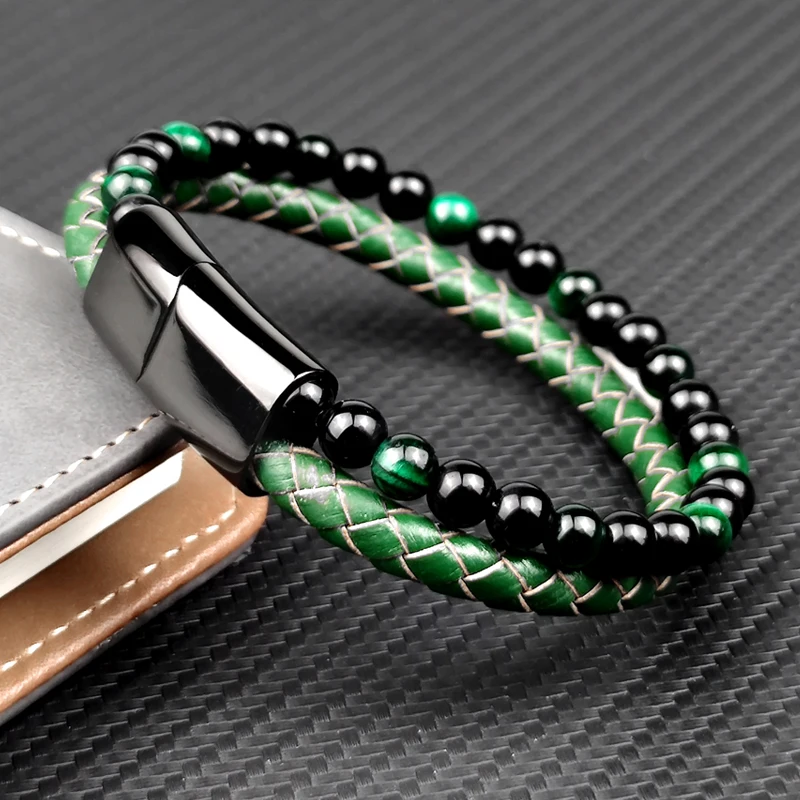 Fashion Green Stone Beads Men Bracelet Multilayer Leather Bracelet Punk Jewelry Stainless Steel Magnetic Clasp Bangles MingAo,bracelet jewelry