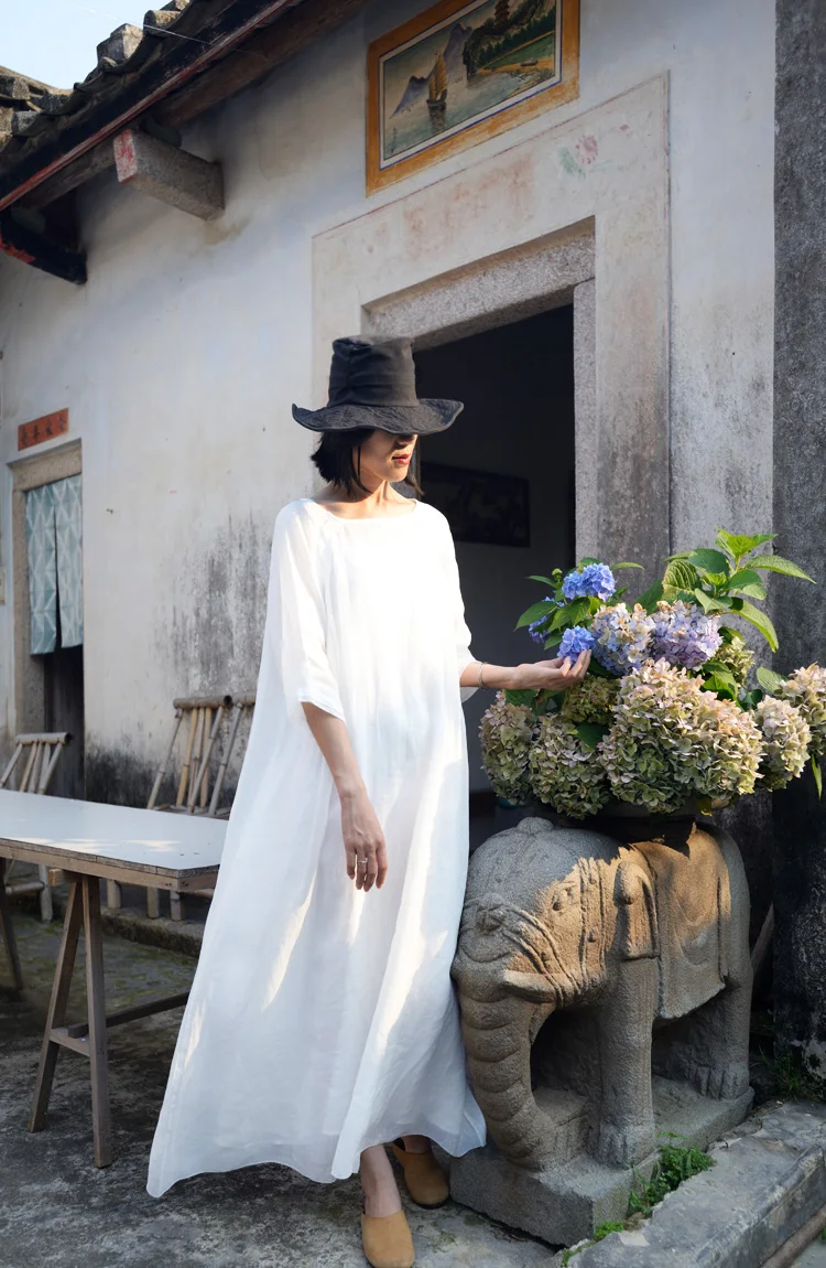 Vestidos женское летнее платье однотонные три четверти белые тонкие длинные платья из ткани рами