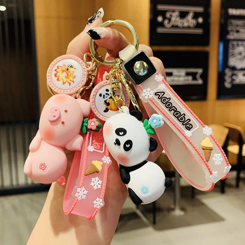 Creative Cartoon Crouching Animal Doll Keychain Cute Panda Pig Duck Rabbit Bag Car Keyring Soft Lanyard Girl Boy Lover Gift