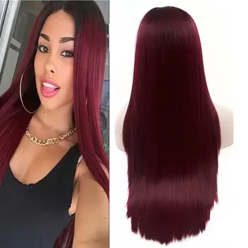 

Bombshell Black Roots Ombre Dark Wine Red Straight Synthetic 13*3 Hand Tied Lace Front Wig Heat Resistant Fiber For Women Wigs