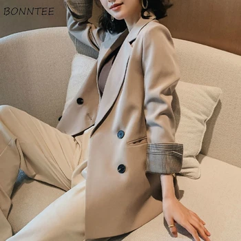 

Blazers Women British Style Patchwork Loose Elegant Spring Ulzzang Casual Female Coats Double Breasted Pocket Chic Tops Oversize