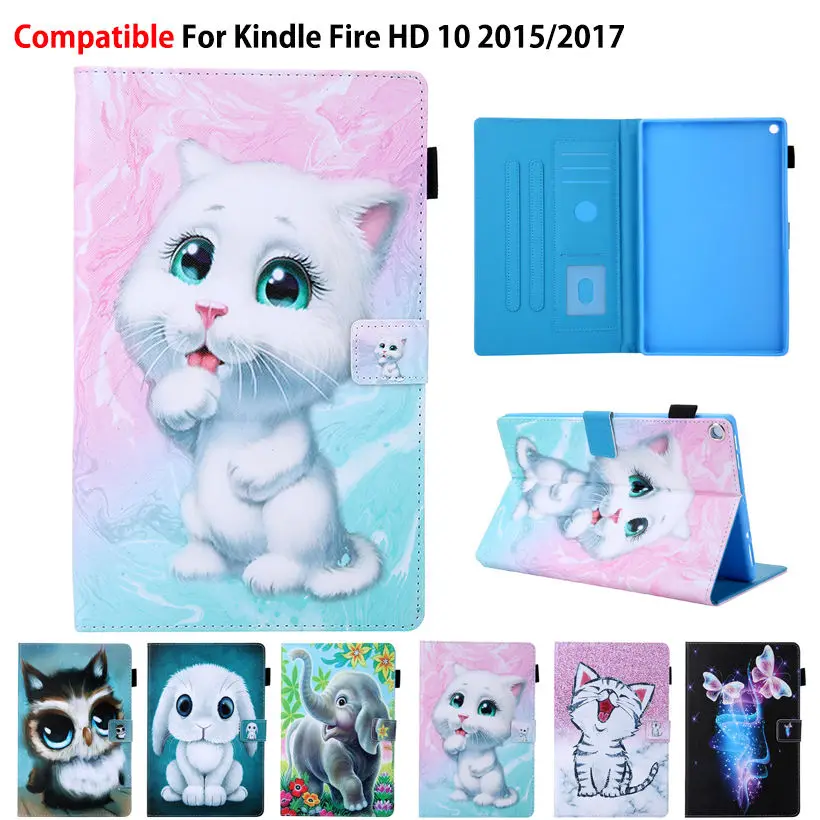 Чехол для Amazon Kindle Fire HD 10 2017 7-го поколения Smart Cover For 2015 5-й Funda Tablet Cute Cat Print Stand Shell Capa |