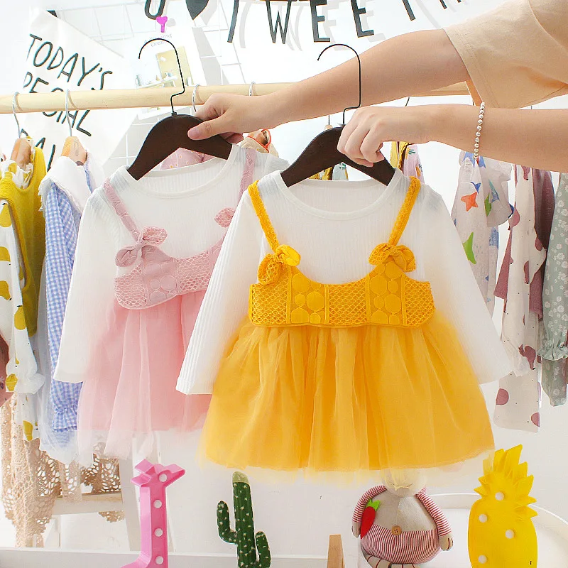 Платье принцессы для новорожденных; праздничная одежда; осенняя одежда для малышей; кружевное Сетчатое платье с длинными рукавами; комплект из двух предметов; платье для новорожденных девочек