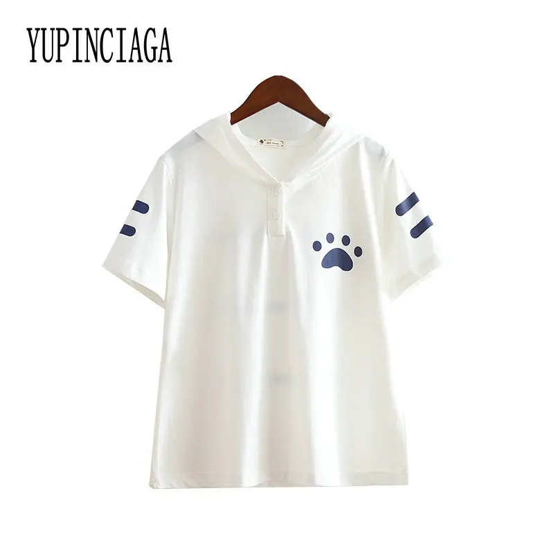 

YUPINCIAGA Women New Cute Cat Casual Hooded Short Sleeve Student Femme Summer Cotton Cartoon T-shirt Print tops Tees
