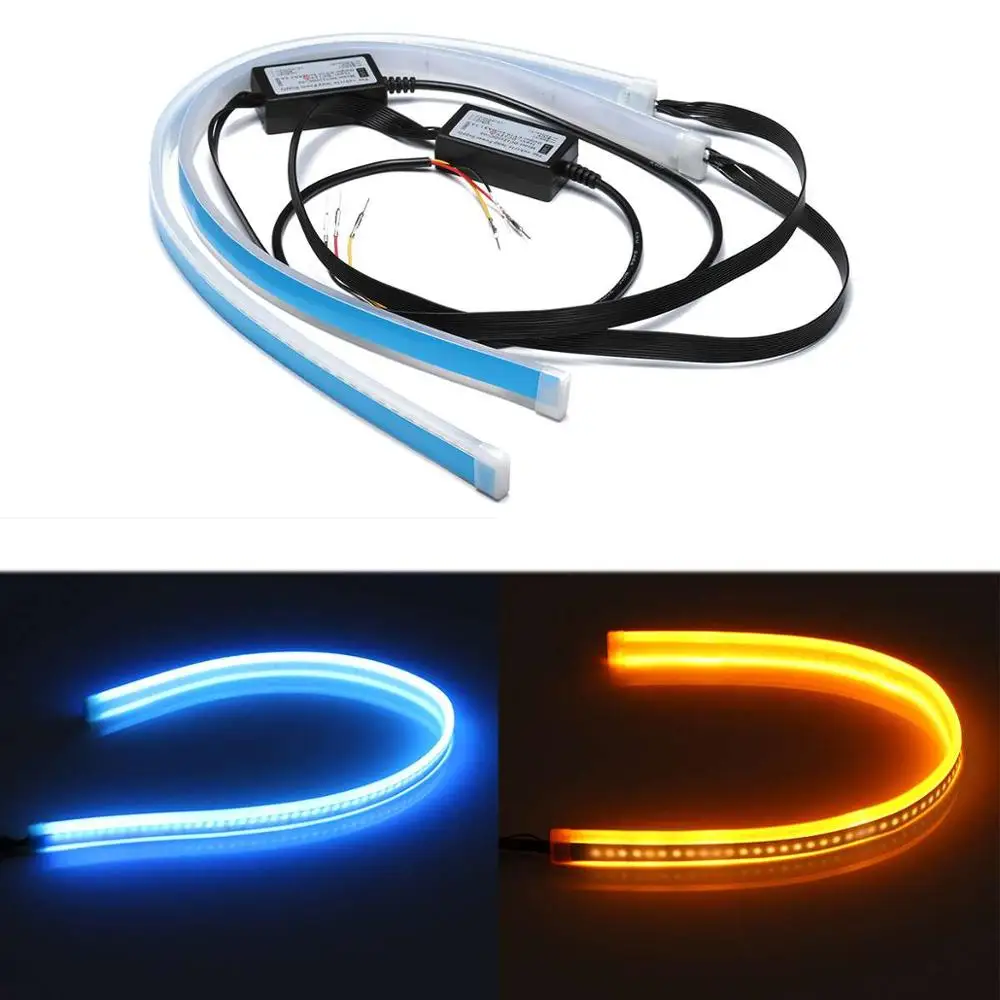 

2 pcs day light guide strip car accessories 60CM dual color streamer led car decorative lights white and yellow turn signals