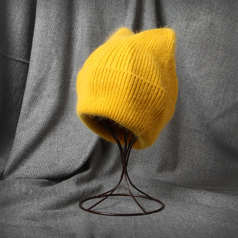 VISROVER 17 Colorway Unisex Solid Cat Shape Rabbit Fur Woman Winter Hat Soft Autumn Bonnet Cute Cat Ear Woman Warm Skullies Gift 