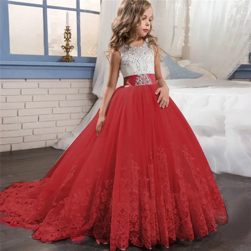 Girls Long Sleeve Lace Flower Dress Pageant Holiday Party Princess Dresses Red 