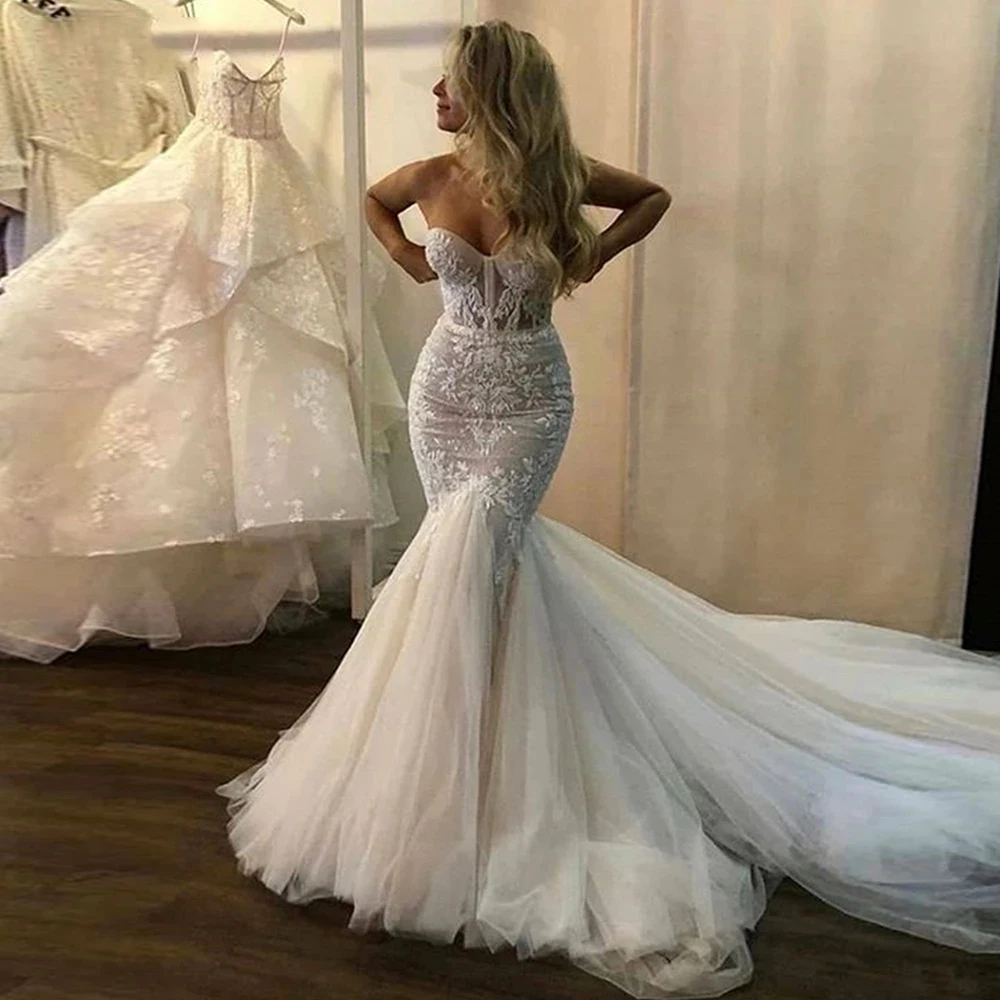 dresses for wedding Champagnes Mermaid Wedding Dress Illusion Lace Appliques Women Marriage Strapless Bridal Gown Custom Made Robe De Mariee 2022 pink wedding dress