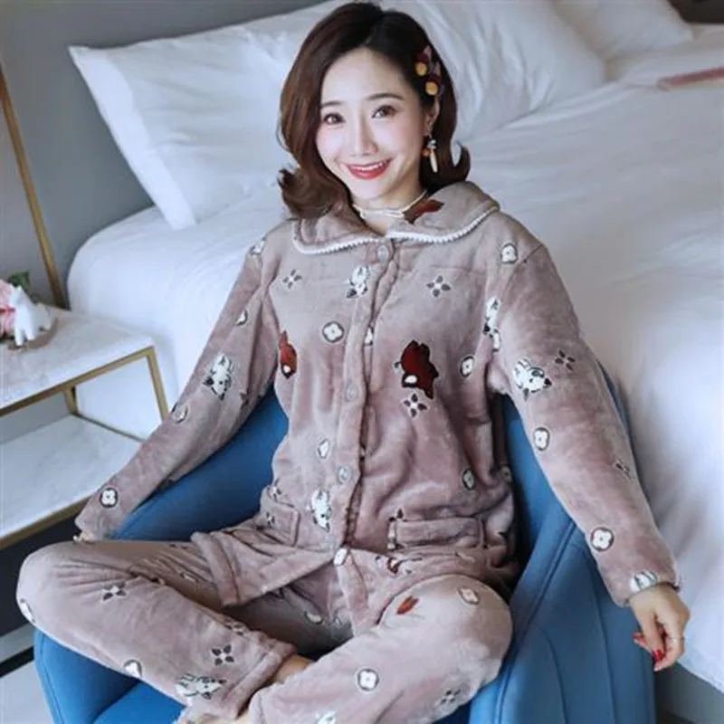 Зимний пижамный комплект, Женская Фланелевая пижама на пуговицах, теплая Сексуальная плюшевая одежда для сна, большой размер, Женская домашняя одежда для мамы, модные пижамы - Цвет: Style 3