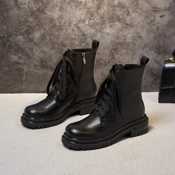 

Female Platform Boots Cross Tied Chunky Heels Winter Genuine Leather Women Ankle Boots Casual Shoes Woman