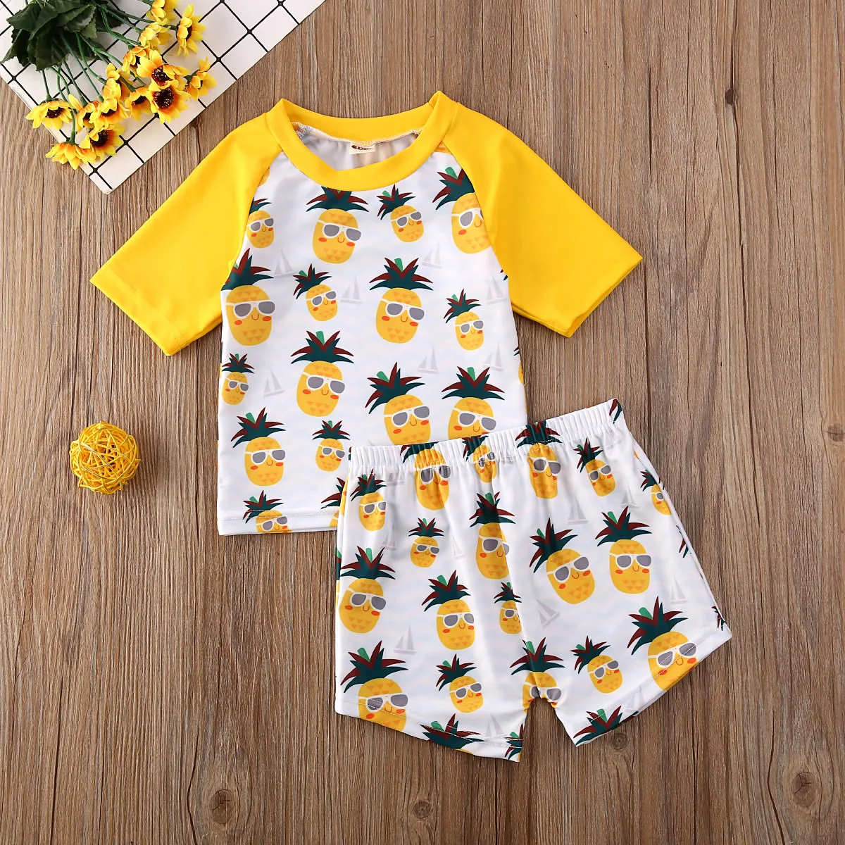 Одежда с ананасом для маленьких мальчиков, топы, футболка, шорты, купальный костюм, комплект из 2 предметов