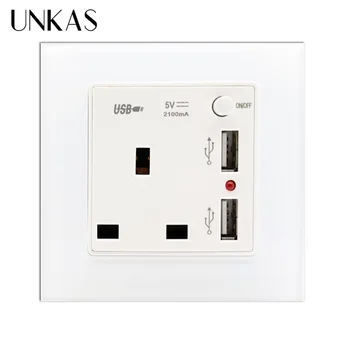 

New Arrival 13A UK Standard Wall Power Socket White Crystal Glass Panel Outlet 2100mA Dual USB Charger Port for Mobile