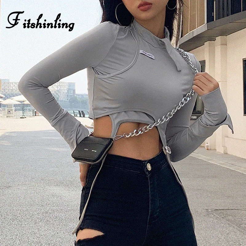 Женская футболка с длинным рукавом Fitshinling повседневная однотонная серая для
