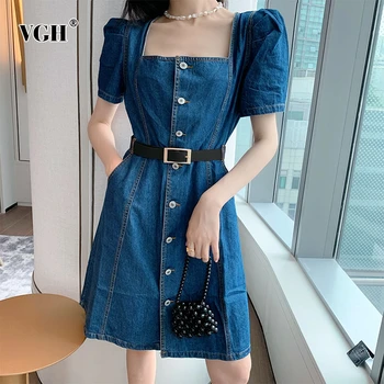 

VGH Elegant Denim Summer Dress Women Square Collar Puff Short Sleeve High Waist Mini Dresses For Female Fashion Clothes 2020 New