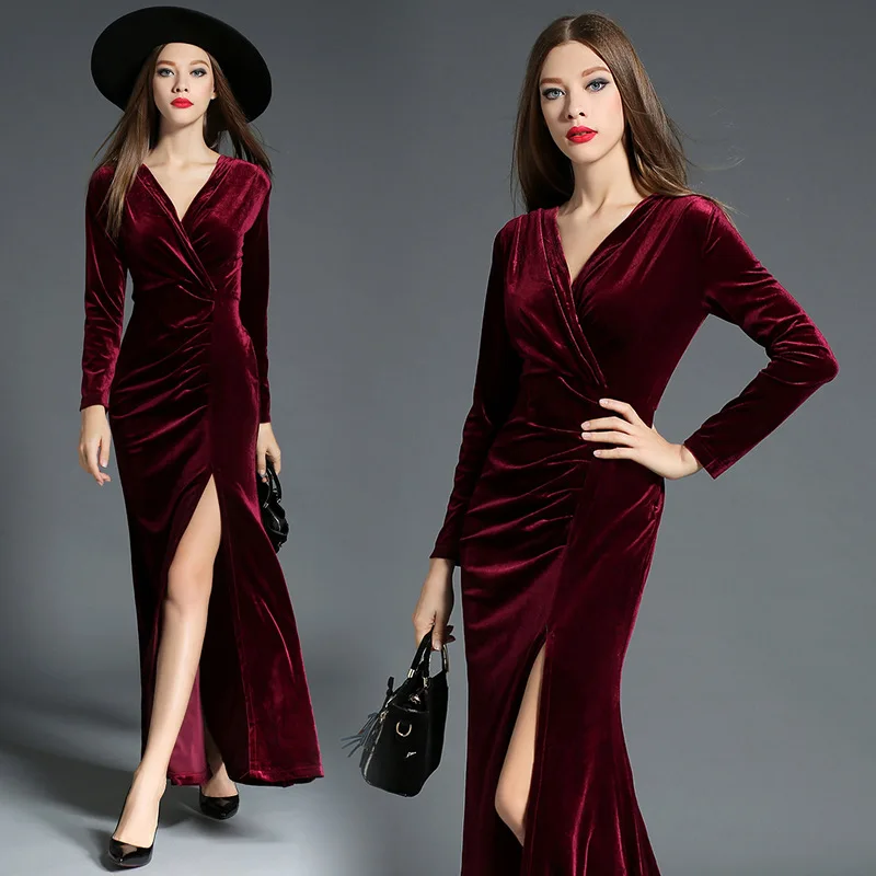 

3170-Photo Shoot Europe And America Autumn And Winter New Style Elegant Catch Fold Slit Floor-Length Dress Velvet Formal Dress L