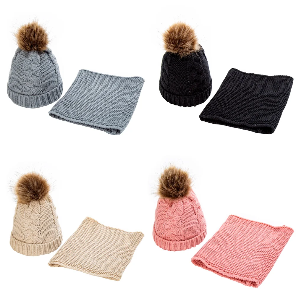 Коллекция года, аксессуары для малышей, шапка для маленьких девочек, зимняя вязаная шапка из меха енота с помпонами, лыжная шапка, шапка с помпоном+ шарф, теплый комплект из 2 предметов