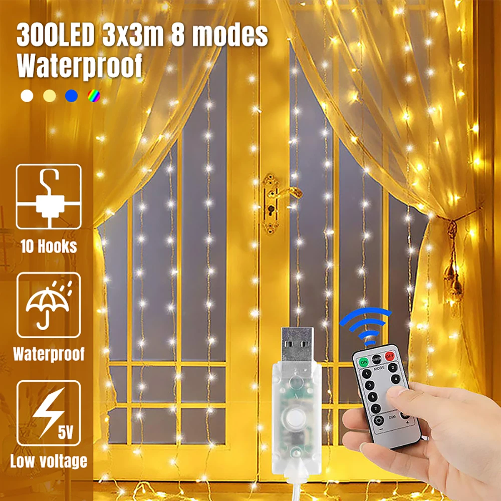 300LED гирлянда 3x3m USB Водонепроницаемая 10 занавеска с крючками 8 режимов Рождественская романтическая сказочная гирлянда с пультом дистанционного управления