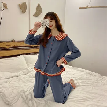 

Pajamas Women's Autumn New Long-sleeved Cotton Nightwear Suit Sweet Cute Lattice Stitching Solid Home Wear Two-piece Nightsuit