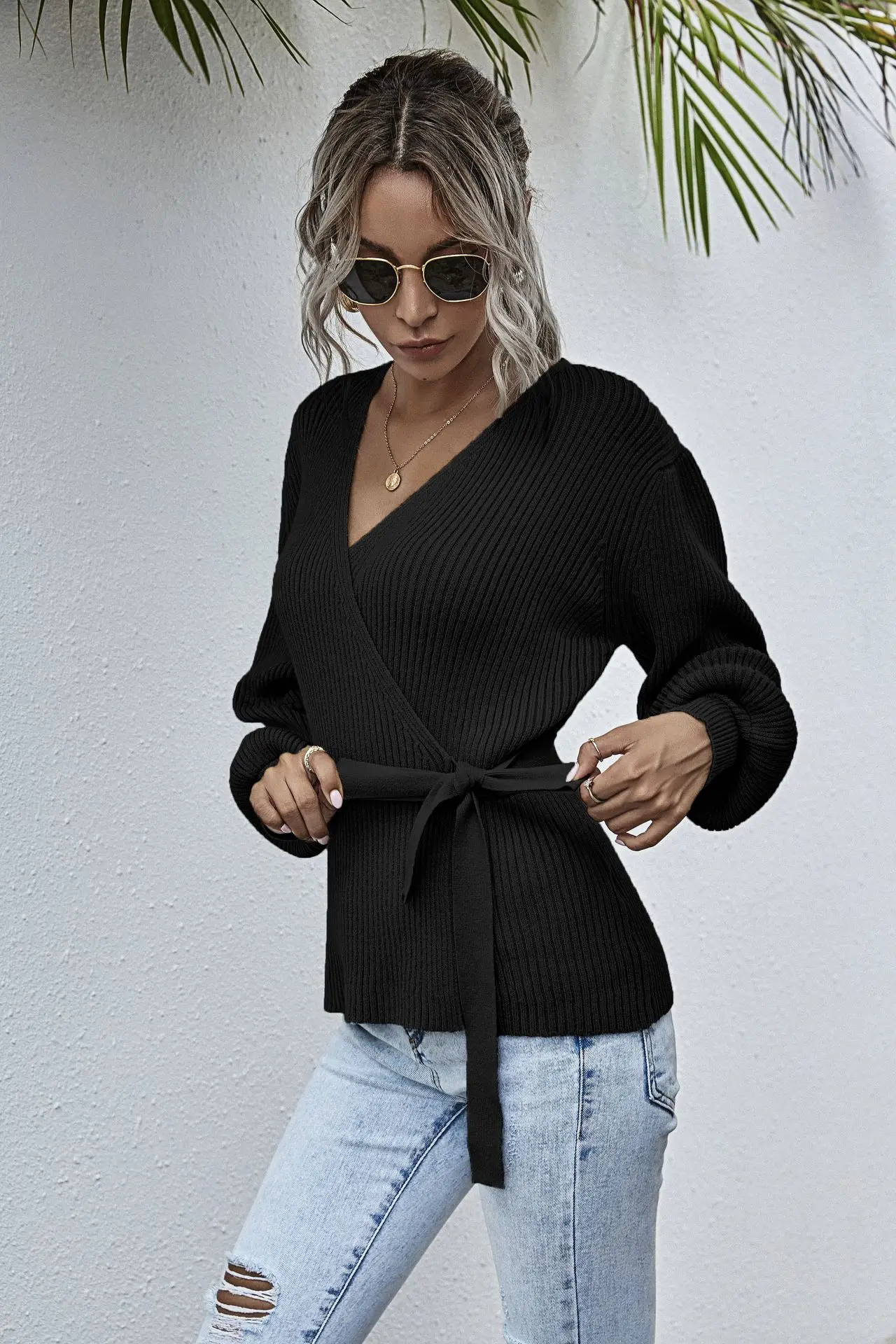 120134亚马逊爆款腰带裹胸针织衫