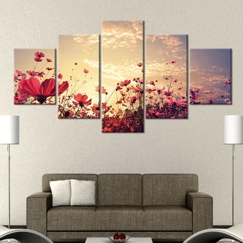 

5 Panel Posters And Prints Wall Art Canvas Painting Decorative Sunset Red Flower Picture Modern Home Decor