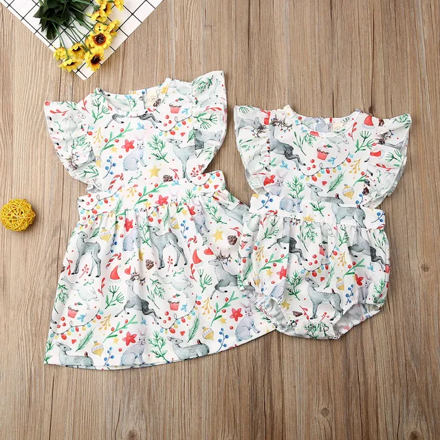 Kids Baby Girls Clothes Sister Matching Deer Print Flowers Romper Dress Outfits