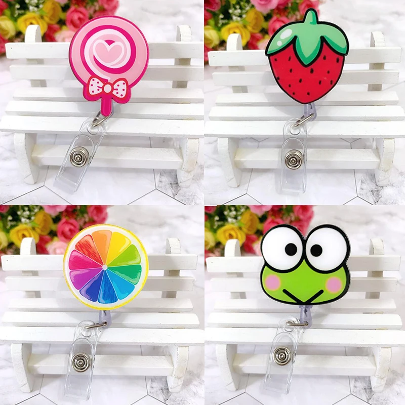Portatarjetas de flores para mujer, funda para tarjeta de identificación retráctil, carrete de insignia, fruta, enfermera, Doctor, estudiante