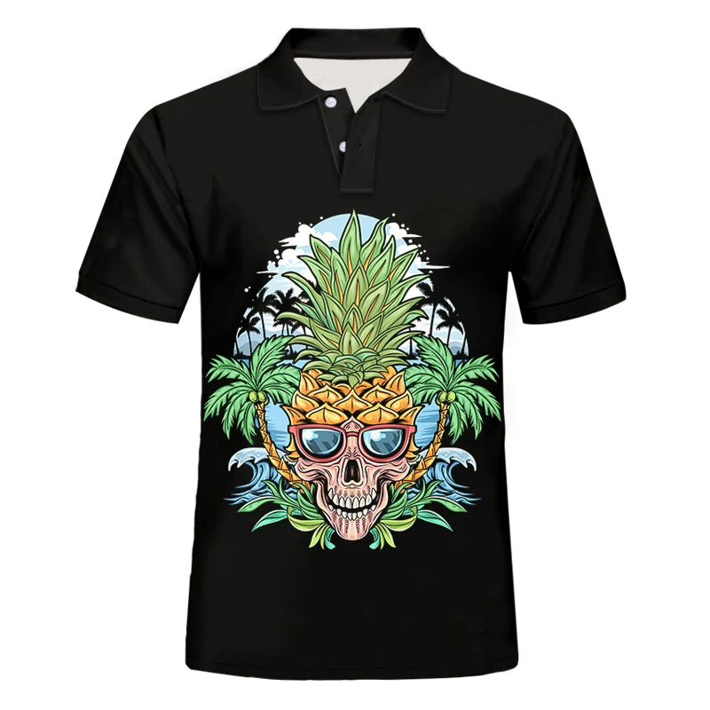 

Fashion Men Black Polo shirts 3D Pineapple Skull Print Short Sleeves Cool Casual Clothing Super Cool Hip Hop Harajuku Wholesale
