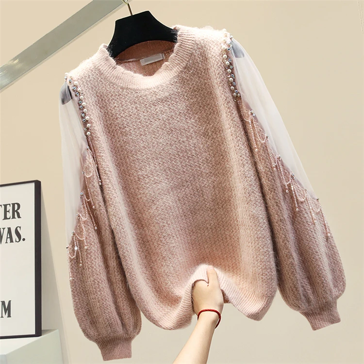 

Autumn Sweater Women's New Hand-Made Beaded Mesh Panel Lantern Sleeve Sweater Loose Sweaters Pullover Jumper Femme Nancylim