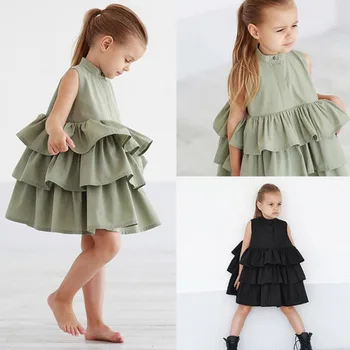 

2020 New Summer Cute Black Green Ball Gown Girls Dresses Kid Girl Party Dress Sleeveless O Neck Cake Ruffled Tutu Bubble Dress
