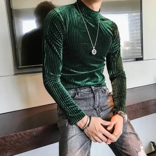 メンズ長袖タートルネックベルベットTシャツ,スリムストライプT