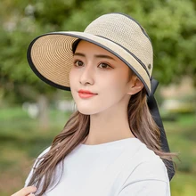 Широкая, с защитой от ультрафиолета, складная пляжная шляпа с полями, солнцезащитные козырьки, кепка для женщин, солнцезащитный козырек, сзади, на крючках и петлях, с бантом, Пустой Топ, новинка, шляпа от солнца