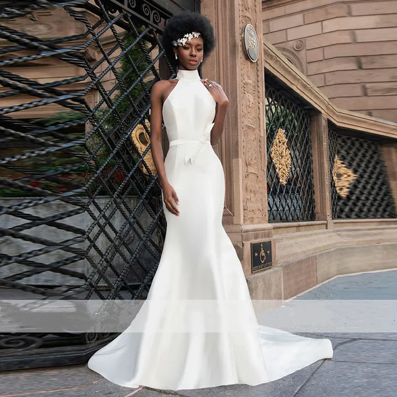 grace kelly wedding dress Simple Halter Neck Mermaid Wedding Dresses 2021 Backless Satin Bridal Gowns Floor Length Sweep Train Plain White Robe De Marie simple wedding dresses