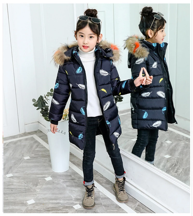 

New Fashion Warm Thickening Winter Fur Collar Child Coat Feather print Children Outerwear Windproof Girls Jackets For 5-13 Years