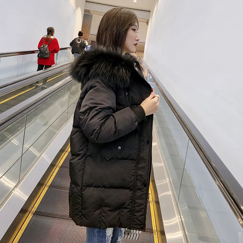Black Женский пуховик из хлопка, новинка года, хлопковое пальто с меховым воротником, длинная одежда для хлеба, теплая куртка - Color: Black
