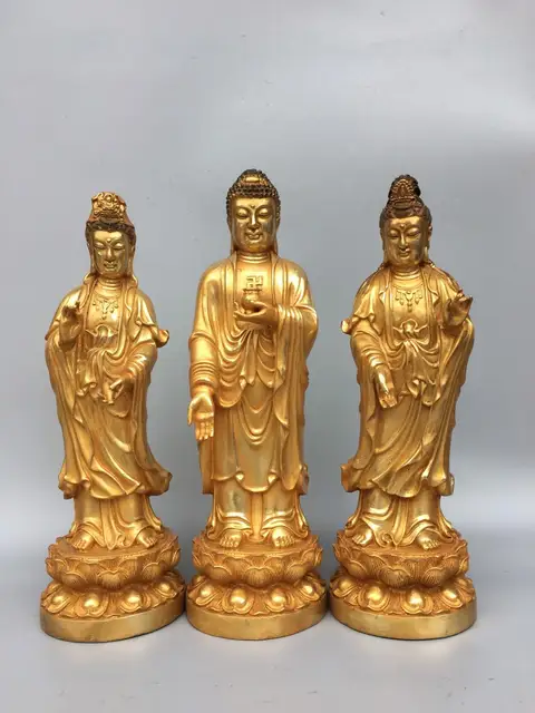 $US $492.19 14 Tibet Buddhism Temple Old Bronze Gilt Three Western Holy Buddha Statues Amitabha three statues Bodhisattva Amitabha