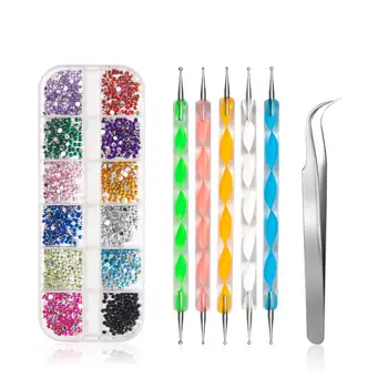

KROFAUE Nail Rhinestone Set Dotting Pen Tweezers 3D Nail Art Decoration Mixed Color Acrylic Diamond Drill