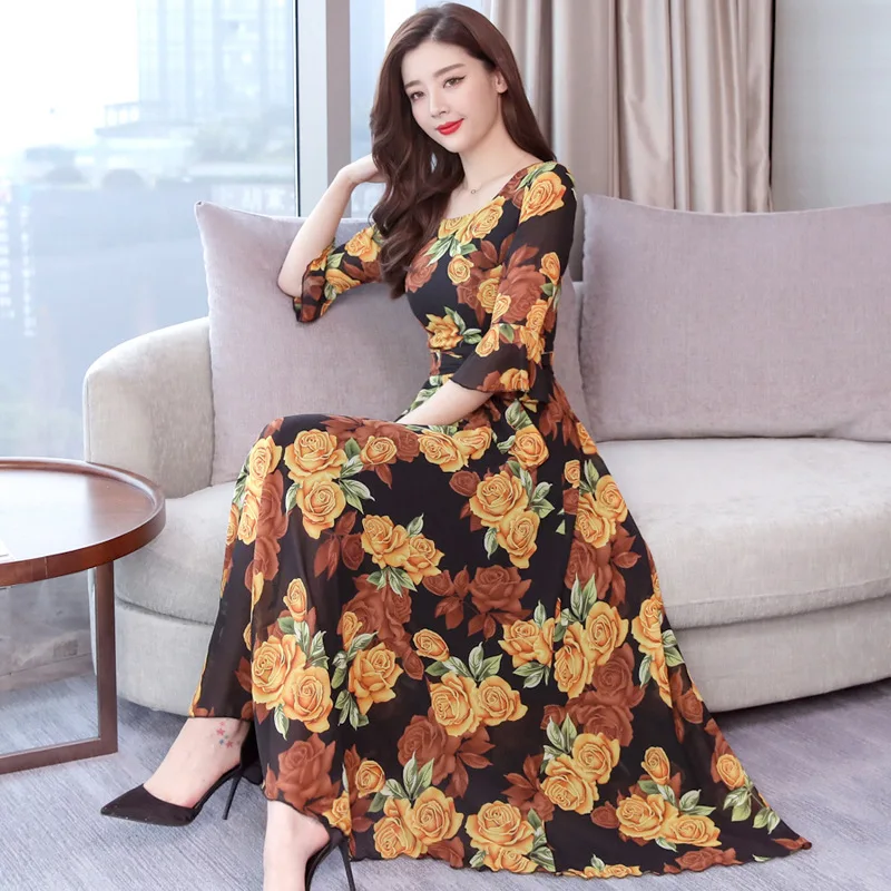 

Summer New Style Printed Large Size Fashion Slim Dress Long Big Hemline Bohemian Beach Skirt Fairy