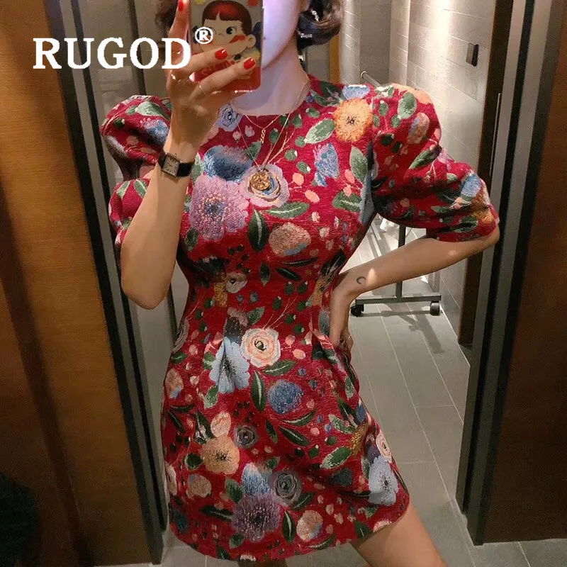RUGOD корейские новые весенние женские платья с круглым вырезом и цветочным принтом с коротким рукавом, мини-платье в стиле ампир, модное винтажное женское платье