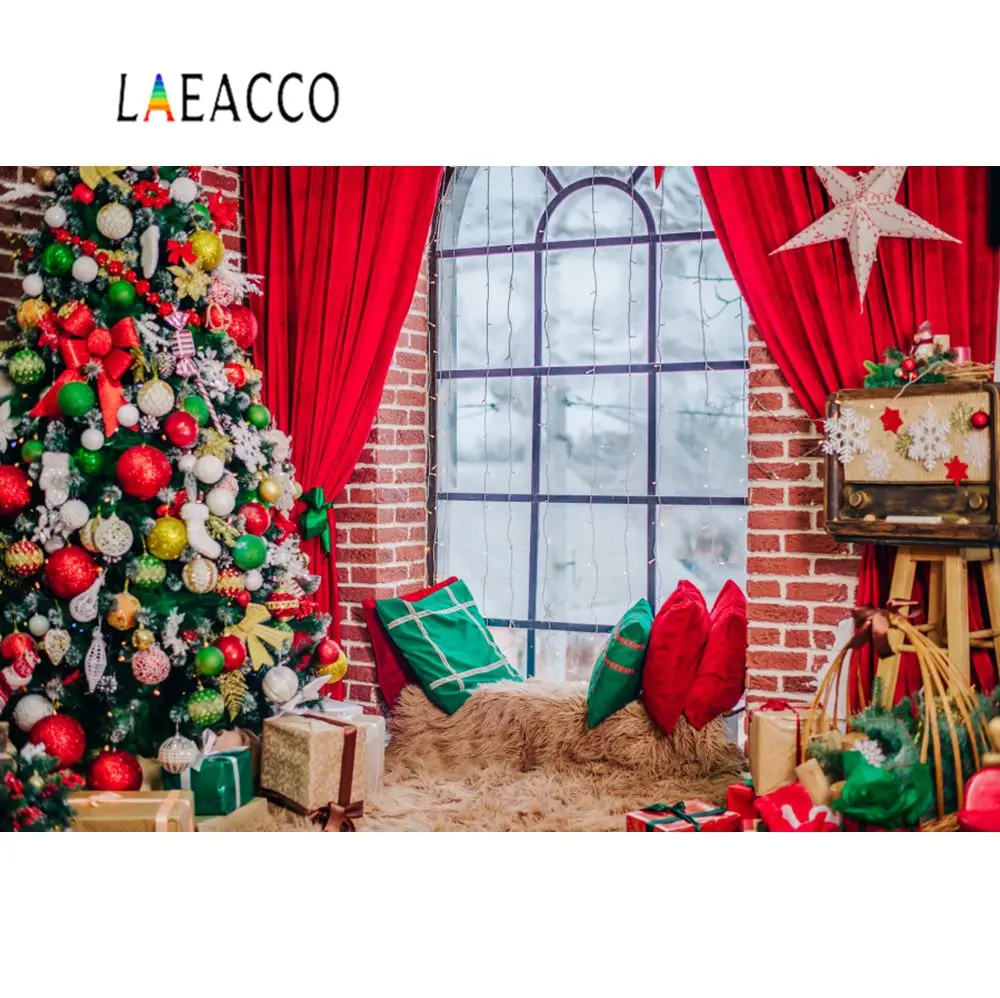 Фотофон Laeacco с рождеством мячом и елкой подарок подушка со звездой окно сельский