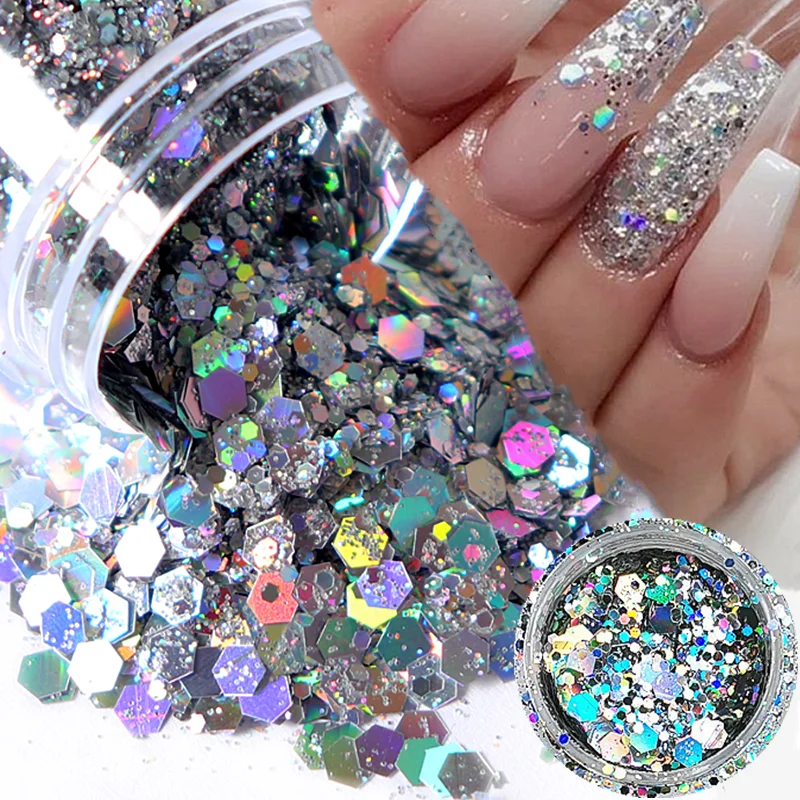 

1Box Nail Mermaid Glitter Flakes Sparkly Holographic Mix Laser Hexagon Colorful Sequins Spangles Polish Manicure Nails Art Decor