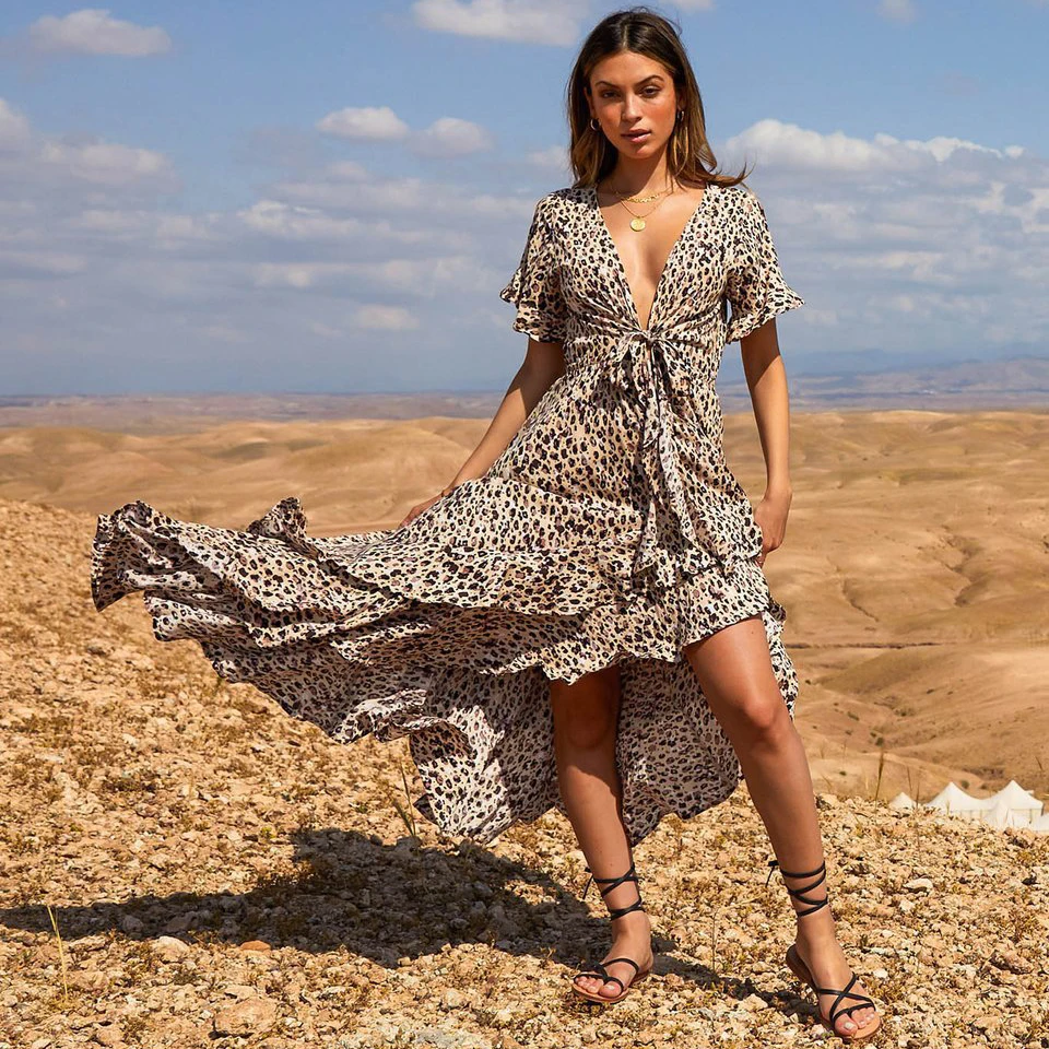 

Vintage Boho Leopard Print Women Maxi Dress Summer 2019 V Neck Ruffle Belt Asymmetrical Bow Dresses Retro Vacation Loose Dress