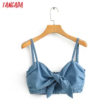 

Tangada women summer sexy bow denim camis top spaghetti strap sleeveless backless short shirts female solid tops 2A10