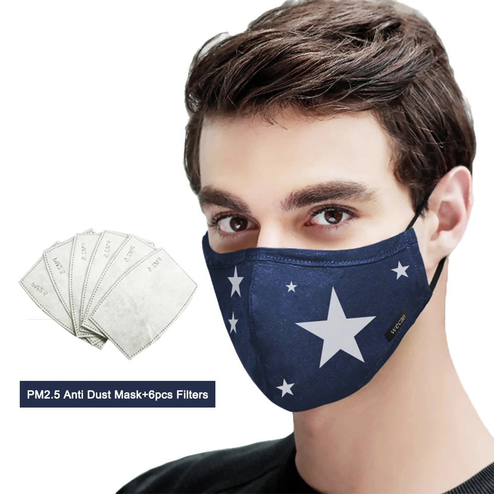 Kpop хлопок PM2.5 рот маска для лица против пыли маска с 6 шт. фильтр с активированным углем для мужчин и женщин корейский стиль рот муфельные маски - Цвет: Blue Star