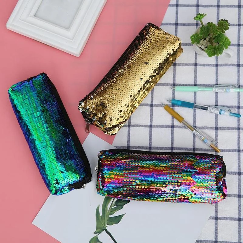 New-2PCS в виде рыбьей чешуи Женские Коробка школьных инструменты для макияжа Косметические Сумки Для женщин и девочек простой кожаный клатч макияж Карандаш Чехол студентов Карандаш Чехол