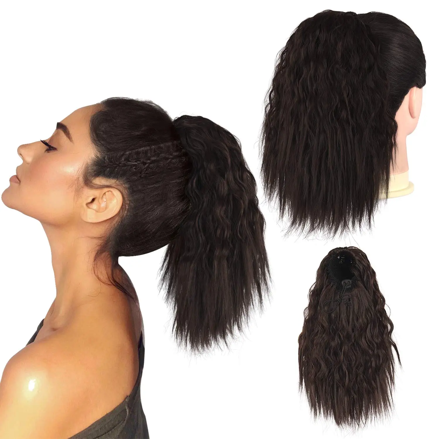 synthetic natural drawstring ponytail extensions Wavy Short afro ponytails Brown hairpiece