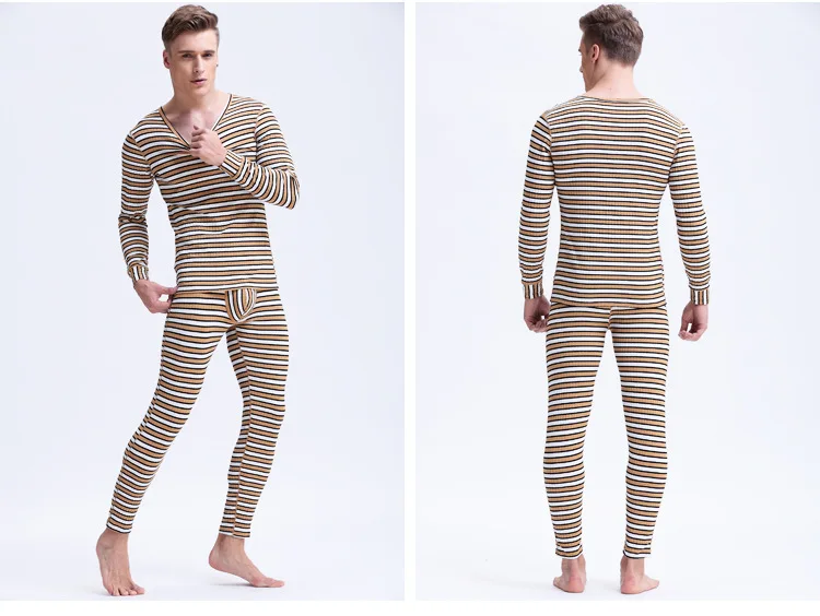 Aismz Winter Mens Warm Thermal Underwear Mens Thermo Sexy Fashion Striped Thermal Underwear Sets Cotton Long Johns for Man